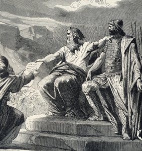 Moisés ordena al pueblo de Israel que reconozca la autoridad de Josué (Moisés elige a josué como su sucesor) Grabado de la "Historia Sagrada" de Lahure Siglo XIX Colección particular de French School