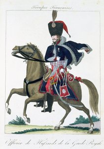 Oficial Montado de los Húsares de la Guardia Real, de Troupes Francaises, pub. chez Basset, París, c.1790 de French School