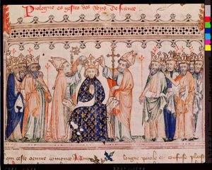 Ms.1469 f.1 La consagración de Philippe III le Hardi (1245-85) Rey de Francia, de las Grandes Crónicas de Francia, 1375-79 de French School