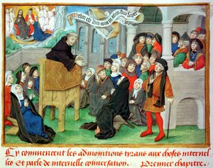 Ms.230 fol.57 Monje predicando sobre la imitación, de Sermones sur la Passion et Traites Divers por Jean de Gerson (1363-1429)