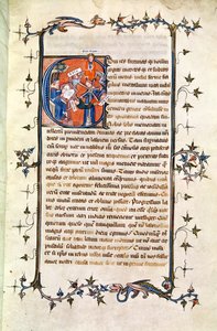 Ms.239 fol.1 Página con una inicial historiada que representa a un hombre sentado ante la Rueda de la Fortuna, de 