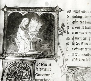 Ms.3142 fol.256 María de Francia (fl. siglo XII) escribiendo, de una Antología de Poemas Franceses, c.1280-90 (detalle) de French School