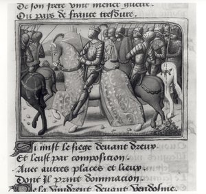 Ms. Fr.5054 fol.26 r Carlos VII (1403-61) y Juana de Arco en el sitio de Dreux, de Les Vigiles de Charles VII por Martial d