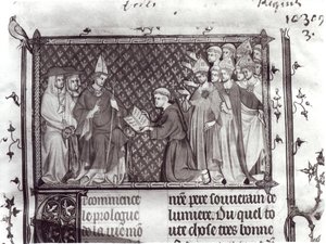 Ms.Fr. 5716 f.2 Jean dAntioch ante Martín IV, de Vida y Milagros de San Luis, c.1330-40 de French School