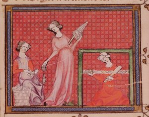 Ms 1044 f.101 Mujeres hilando lana, de Ovide Moralise escrito por Chretien Legouais de French School