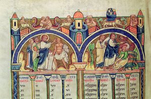 Ms 10 f.128v Canon de los Evangelistas, detalle que representa a Cristo sanando al hombre con hidropesía y expulsando demonios de un hombre poseído, de una Biblia Latina de French School