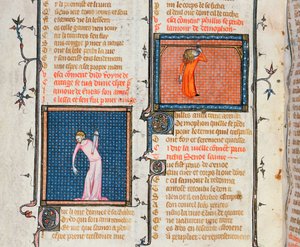 El suicidio de Dido con la espada y el suicidio de Phyllis por ahorcamiento, de Le Roman de la Rose por Guillaume de Loris y Jean de Meung, c.1360-70 de French School