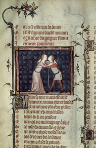 Ms 1126 fol.8r Juventud y Amor abrazándose, de Le Roman de la Rose por Guillaume de Loris y Jean de Meung de French School