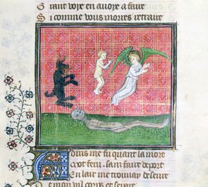 Ms 1130 Alma dejando el cuerpo acompañada por un ángel, miniatura de Le Livre des Proprietes des Choses por Barthelemy l