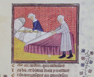 Castidad y Pobreza haciendo una cama, de Le Roman des Trois Pelerinages por Guillaume de Digulleville de French School