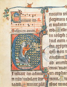 Inicial historiada que representa al rey David tocando un carillón, ilustración de un salterio de French School