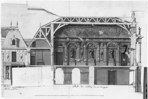 Sección transversal sur-norte del Gran Salón y la Sala de Diana del Chateau de Versailles construidos por Louis Le Vau de French School