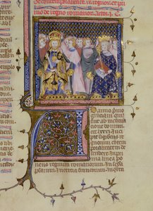 Ms 13. fol 232 Coronación de Luis IX (121415-70) y probablemente de Federico II (1194-1250), de un Salterio por Pierre Lombard, principios del siglo XV de French School