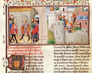 Ms 149 t.1 fol.16 Un acuerdo y la construcción de un castillo, de la Histoire des Nobles Princes de Hainaut, por Jacques de Guise de French School