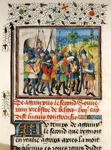 Ms 149 t.1 fol.45 Un ejército en campaña, de la Histoire des Nobles Princes de Hainaut, por Jacques de Guise