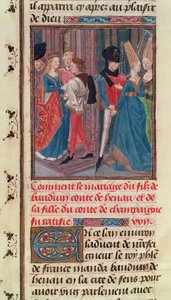 Matrimonio de Balduino VI y María, hija del Conde de Champaña, de la Histoire des Nobles Princes de Hainaut, por Jacques de Guise de French School