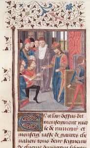 Ms 149 t.3 fol.95v Nombramiento de Dos Caballeros, de la Histoire des Nobles Princes de Hainaut, por Jacques de Guise de French School