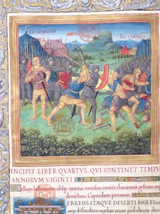 Ilustración del Libro IV (Desde el Rechazo de esa Generación hasta la Muerte de Moisés), Capítulo 1 de las Antigüedades de los Judíos (Antiquitates Judaicae) de Flavio Josefo - Lucha de de French School