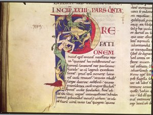 Ms 173 Inicial historiada P que representa centauros, dragones y monstruos, de Moralia in Job por el Papa Gregorio el Grande de French School