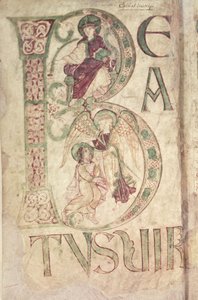 Inicial historiada B que representa a San Juan Evangelista y un ángel, del Salterio de Corbie de French School
