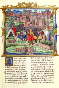 Ms 18 fol.19r La llegada del Conde de Charolais y su ejército al sitio de París, de las Memorias de Philippe de Comminnes, 1489-98 de French School
