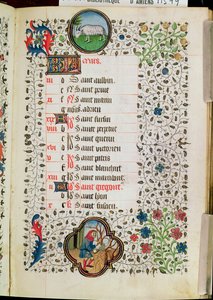 Ms 19 de marzo: Aries y un hombre talando árboles, de un Libro de Horas, principios del siglo XV de French School