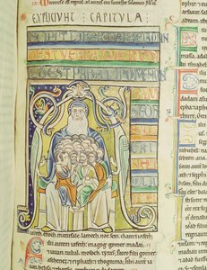 Ms 1 f.256 Letra historiada A que representa generaciones en el seno de Abraham, de la Biblia de Souvigny de French School
