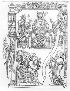 Cartulario de Mont Saint-Michel: el Duque Ricardo II de Normandía haciendo una donación de tierras y privilegios al monasterio de Mont St. Michel (grabado después de un dibujo de la década de 1150) de French School