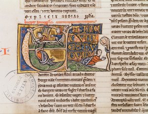 Ms 21 Fol.163v Inicial historiada E que representa a Jonás siendo arrojado al mar, de una biblia no especificada