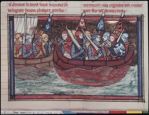 Ms 22495 fol.287 Embarque al extranjero, de Le Roman de Godefroi de Bouillon, 1337 de French School