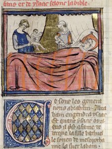 Ms 22 fol.30 El nacimiento de los gemelos Jacob y Esaú, miniatura de la Biblia Historiale de Guiart des Moulins