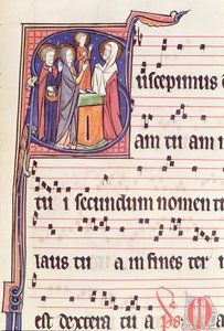 Inicial historiada S que representa la Presentación de Jesús en el Templo, del Antifonario para la consagración de la Iglesia Abacial de Vauclair, 1257 de French School