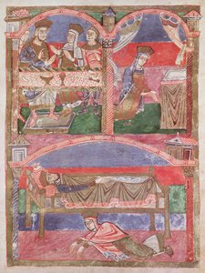Ms 250 f.24r Santa Radegunda (518-87) en la mesa de Clotario I (497-561), en su oratorio y a los pies de la cama real, de la Vida de Santa Radegunda de French School