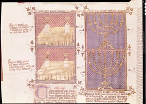 Ms 290 Tomo 1 f.89v Tabla de ofrendas y la menorá, de Postillas sobre la Biblia por Nicolas de Lyre