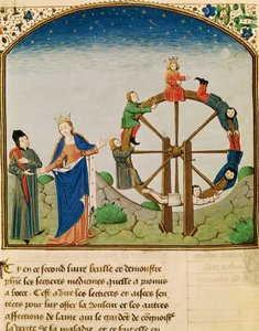 Ms 3045 fol.22v Boecio con la Rueda de la Fortuna, de De Consolatione Philosophiae, traducido por Jean de Meung
