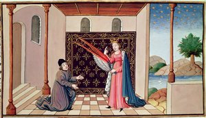 Ms 3045 fol.68v La Filosofía ofrece a Boecio las alas que permitirán a su mente volar alto de French School