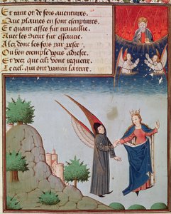 Ms 3045 fol.94r La Filosofía guía a Boecio en vuelo hacia el cielo con las alas que le ha dado; Dios Padre observa en bendición de French School