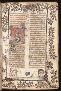 Ms 306 f.27r Rey David sentado toca un repique de cinco campanas, de un Breviario, Uso de París, 1400