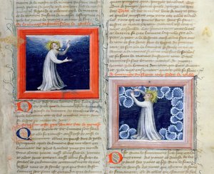 Ms 313 Dios separando la luz de la oscuridad (a la izquierda) y creando el firmamento (a la derecha), de la Biblia des Grands Augustins, 1494