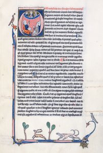 Ms 3458, inicial historiada O que representa al antiguo filósofo griego Aristóteles, enseñando a un grupo de clérigos de Europa Occidental y señalando hacia Dios en los cielos de French School