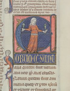 Ms 3469 Inicial historiada E con una representación de la Naturaleza, de la Física de Aristóteles (384-322 a.C.)