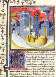 Ms 3480 Caballero escapando de un castillo con la ayuda de una dama, del Libro de Messire Lancelot du Lac de French School
