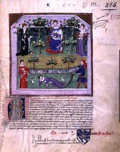 Ms 3522 fol.1 El autor fingiendo estar dormido es testigo de una discusión entre un caballero y un obispo, de 