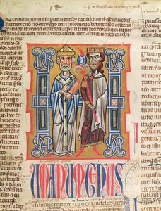 Ms 354 fol.9 Miniatura de un obispo y un rey del Decretum Gratiani, siglo XIV de French School
