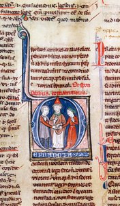 Ms 365 fol.318v Inicial historiada D que representa un matrimonio, de las Decretales de Gregorio IX de French School
