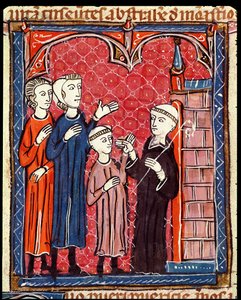 Ms 372 f.53r Un niño llevado a un monasterio por sus padres, de Decretos de Graciano de French School