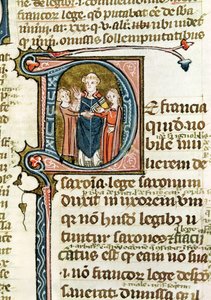 Inicial historiada D que representa a un sacerdote bendiciendo un matrimonio, de Les Gregoriennes de French School