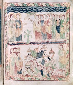 Ms 386 fol.25r Ángeles con trompetas y la tierra temblando, del Apocalipsis de San Juan de French School