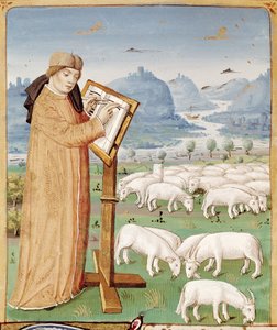 Virgilio escribiendo en un campo de ovejas y cabras, de Las Geórgicas de Virgilio con comentario de Servio, 1469 de French School
