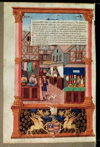 Ms 5062 fol.149v Una calle con tiendas y el escudo de armas de Robert Stuart, Mariscal de d